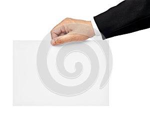 note paper card blank sign hand holding businessman suit