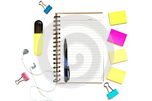 Note paper, open notepad, blank multi-colored paper blocks for notes on a white background, pen, pencil