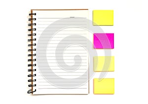 Note paper, open notepad, blank multi-colored paper blocks for notes on a white background, pen, pencil