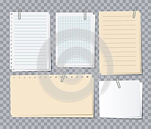 Note papers sheets. Different notepaper with paper clips, memo stickers. Notepad for notice, appointment list of