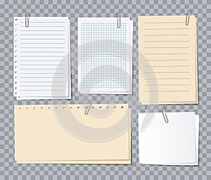Note papers sheets. Different notepaper with paper clips, memo stickers. Notepad for notice, appointment list of photo