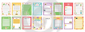 Daily note planners. Weekly scheduler, to do list, note paper or organiser sheets with hand drawn stickers vector