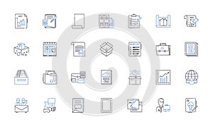 Note taking line icons collection. Jotting, Scribbling, Memorizing, Organizing, Capturing, Recording, Digesting vector