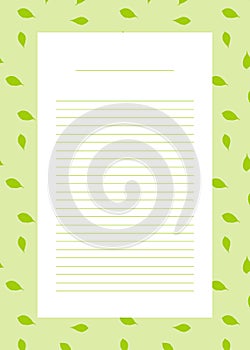 Note template page with lines, natural background, leaves decor, green tones, herbs decor