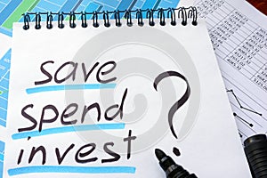 Note with words save spend invest.