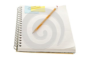 Notebook with adhesive note paper clip and pencil