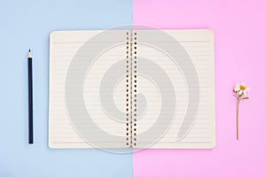 Notebook ,Black pencil and White Flower on Pink,Yellow and Blue Background