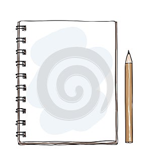 notebook Blank paper and brown pencil hand drawn art vector illustration