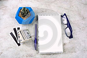 notebook with blank white sheet , pen, money,credit cards, glasses and succulent