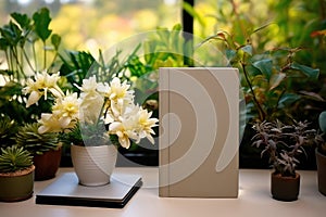 Notebook or book with a gray blank cover on the table and plants, flowers