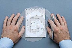 A notebook with charts of options of development of events and pen ready to be used. Male about to write in notebook