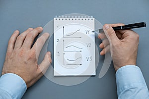 A notebook with charts of options of development of events and pen ready to be used. Male about to write in notebook