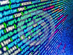 Notebook closeup photo. Coding application by programmer developer. Hi-tech modern screen of data, digits and chars on monitor