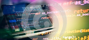Notebook closeup photo. CSS, JavaScript and HTML usage. Monitor closeup of function source code. Abstract IT technology