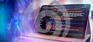 Notebook closeup photo. CSS, JavaScript and HTML usage. Monitor closeup of function source code. Abstract IT technology