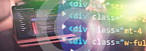Notebook closeup photo. CSS, JavaScript and HTML usage. Monitor closeup of function source code. Abstract IT technology
