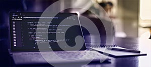 Notebook closeup photo. CSS, JavaScript and HTML usage. Monitor closeup of function source code. Abstract IT technology