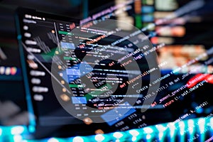 Notebook closeup photo. CSS, JavaScript and HTML usage. Monitor closeup of function source code. Abstract IT technology