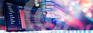 Notebook closeup photo. CSS, JavaScript and HTML usage. Monitor closeup of function source code. Abstract IT technology