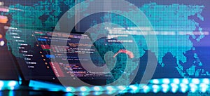 Notebook closeup photo. CSS, JavaScript and HTML usage. Monitor closeup of function source code. Abstract IT technology