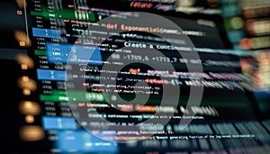 Notebook closeup photo. CSS, JavaScript and HTML usage. Monitor closeup of function source code. Abstract IT technology