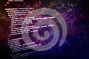 Notebook closeup photo. CSS, JavaScript and HTML usage. Monitor closeup of function source code. Abstract IT technology background