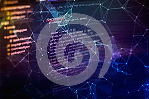 Notebook closeup photo. CSS, JavaScript and HTML usage. Monitor closeup of function source code. Abstract IT technology background