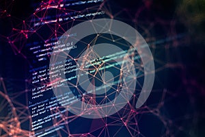 Notebook closeup photo. CSS, JavaScript and HTML usage. Monitor closeup of function source code. Abstract IT technology background