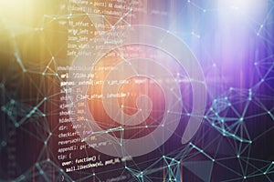 Notebook closeup photo. CSS, JavaScript and HTML usage. Monitor closeup of function source code. Abstract IT technology background