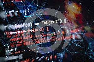 Notebook closeup photo. CSS, JavaScript and HTML usage. Monitor closeup of function source code. Abstract IT technology background