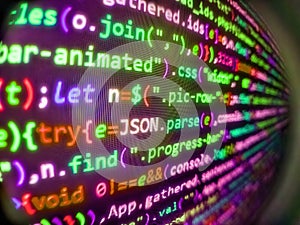Notebook closeup photo. Programming developer code. Abstract computer script code. Source abstract algorithm concept. Computer