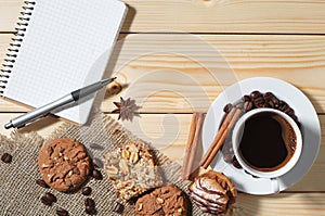 notebook, coffee, cookie, pastry, breakfast, espresso, background, paper, education, notepad, top view, baking, food, desk, space