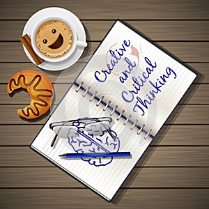 Notebook and coffee cup with croissant