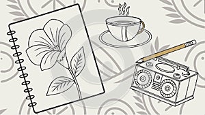 Notebook coffee radio, cozy study space objects vector design Generative AI