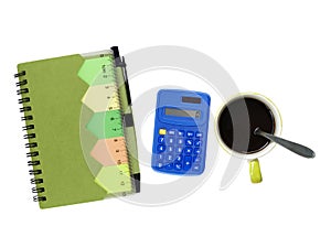 notebook with colorful sticky notes, transparent ruler, pen and calculator, coffee cup isolated on white background
