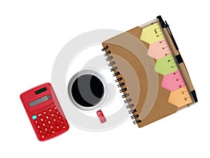 notebook with colorful sticky notes, transparent ruler, pen and red calculator, coffee isolated on white