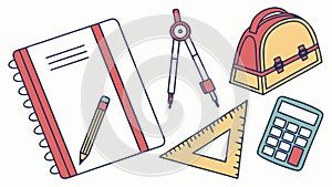 Notebook, compass, ruler, calculator, essential study tools, vector design Generative AI