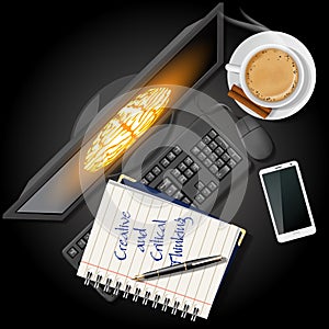 Notebook and computer with mobile phone and coffee