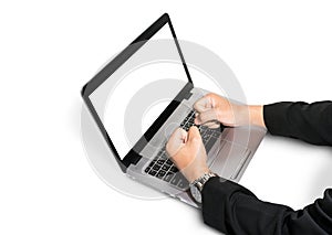 Notebook computer are smashed by Businessman hands wearing black suits isolated on white background. Clipping path include in this