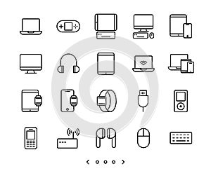 Notebook, computer, tablet and smartphone device line icon set