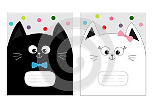 Notebook cover Composition book template. Black White cat kitty head with bow. Cute cartoon character set. Pet baby collection Car