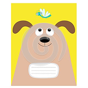 Notebook cover Composition book template. Dog big head looking at dragonfly insect.