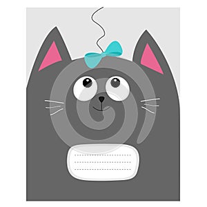 Notebook cover Composition book template. Gray cat kitty head looking at blue bow.