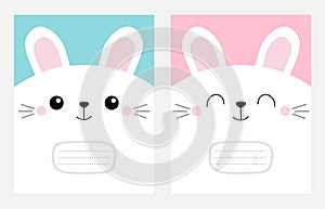 Notebook cover Composition book template. White bunny rabbit head face square icon set. Cute cartoon kawaii funny character. Pet