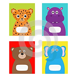 Notebook cover Jaguar, hippopotamus, elephant, bear. Zoo animal face body. Cute cartoon character set Baby children education. Fla