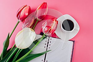 Notebook with a cup of esspresso coffee and fresh tulips on pink background