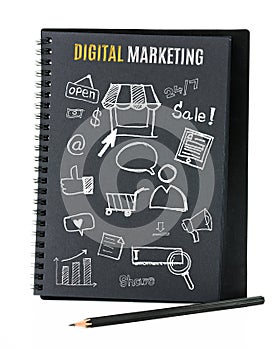 Notebook on desk with icon relate with Digital Marketing, Business concept