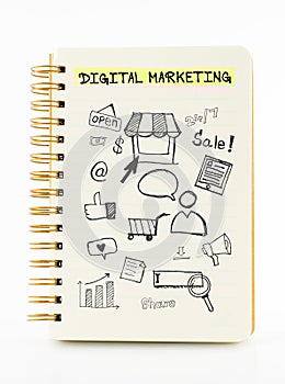 Notebook on desk with icon relate with Digital Marketing, Business concept