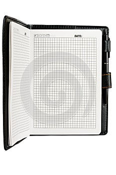 Notebook or diary with blank pages, white and pen on a white background