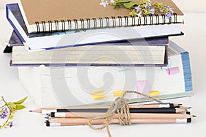 Notebook ,dictionary book and pencil of student for study